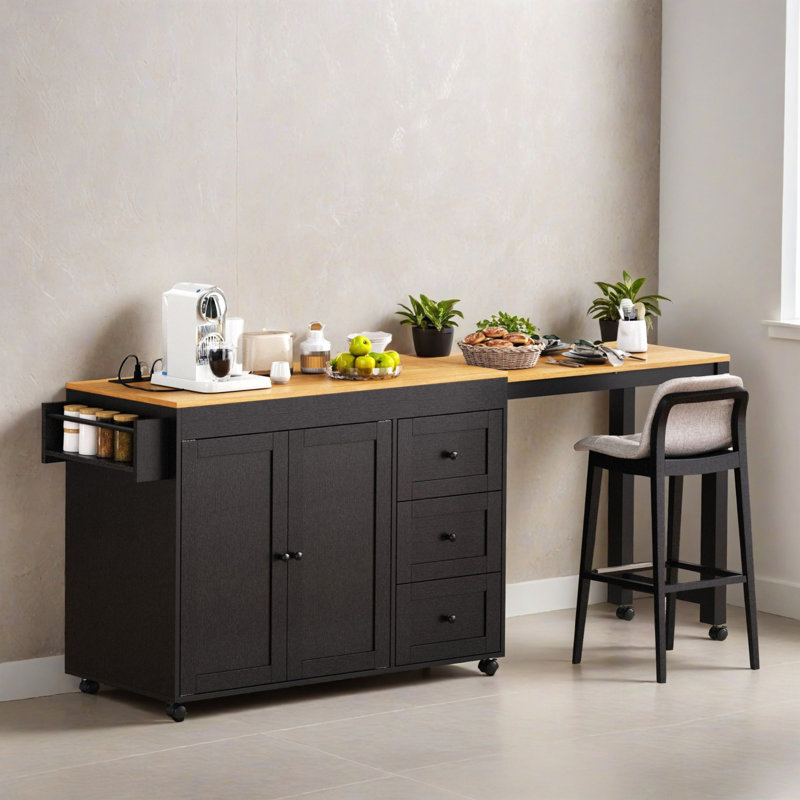 Hub de cuisine 2 en 1, table de salle à manger extensible + îlot de cuisine roulant, Noir