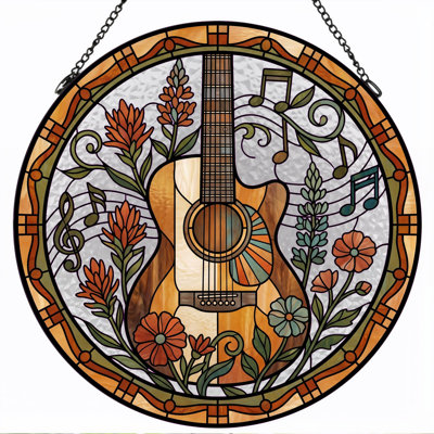 Guitar Floral Stained Glass Window Panel，12"H