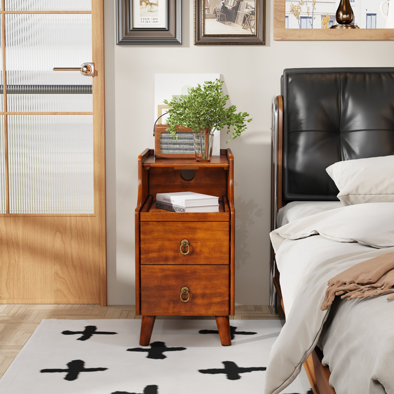 Premium Wood Side Table With Drawers And Shelf