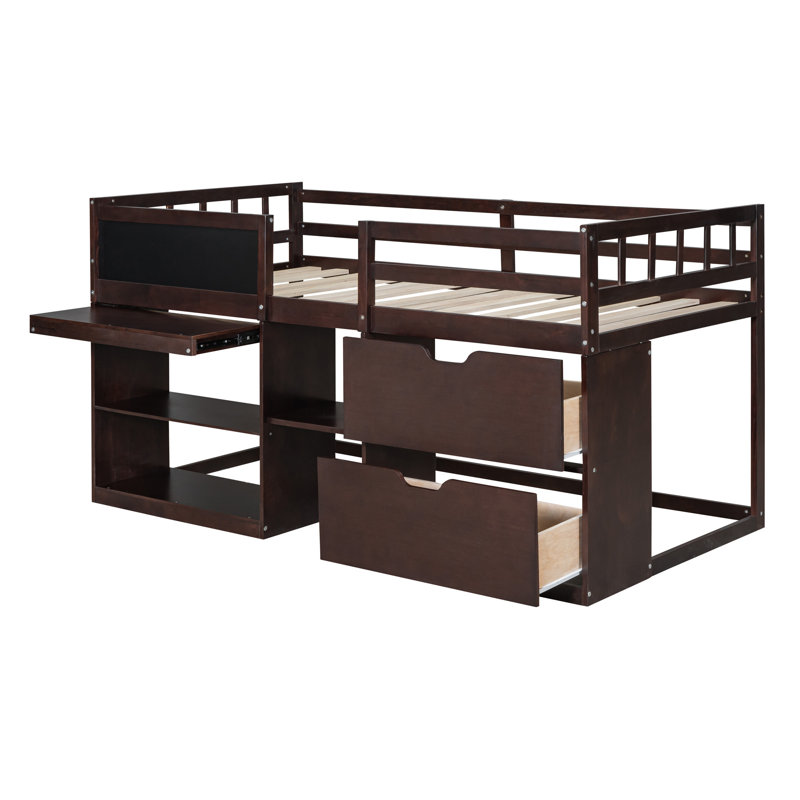 Lit mezzanine simple bas avec bureau roulant, tablette et tiroirs, Espresso