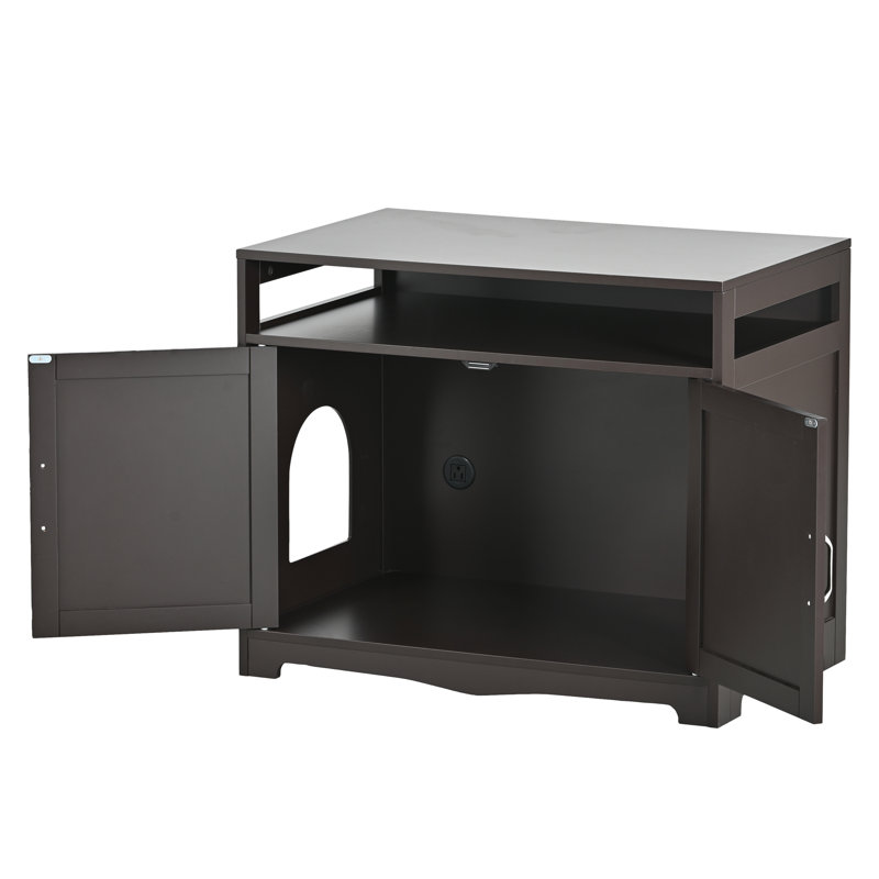 Meuble de rangement pour litière pour chat, table d'appoint avec banc de rangement pour salle de bain intérieure, grande maison en bois avec prise dissimulée