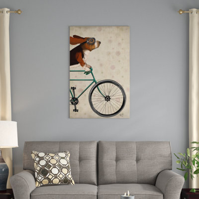 Impression sur toile tendue Fab Funky «Basset Hound on Bicycle»