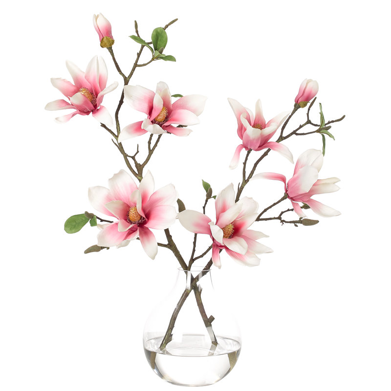 Real-Touch Magnolia, Pink, Glass Bulb Vase, 19wx9dx22h