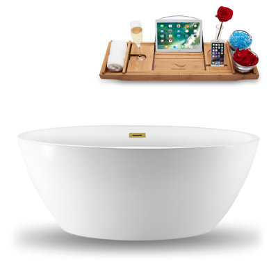 Streamline Freestanding Soaking Acrylic Bathtub With Drain and Bamboo Tray