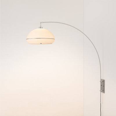 Morelli Wall Mounted Arc Lamp - Weathered Brass Steel, Satin Nickel Base, Drum White Lucite Half-Dome, Dimmable, Bulb Included