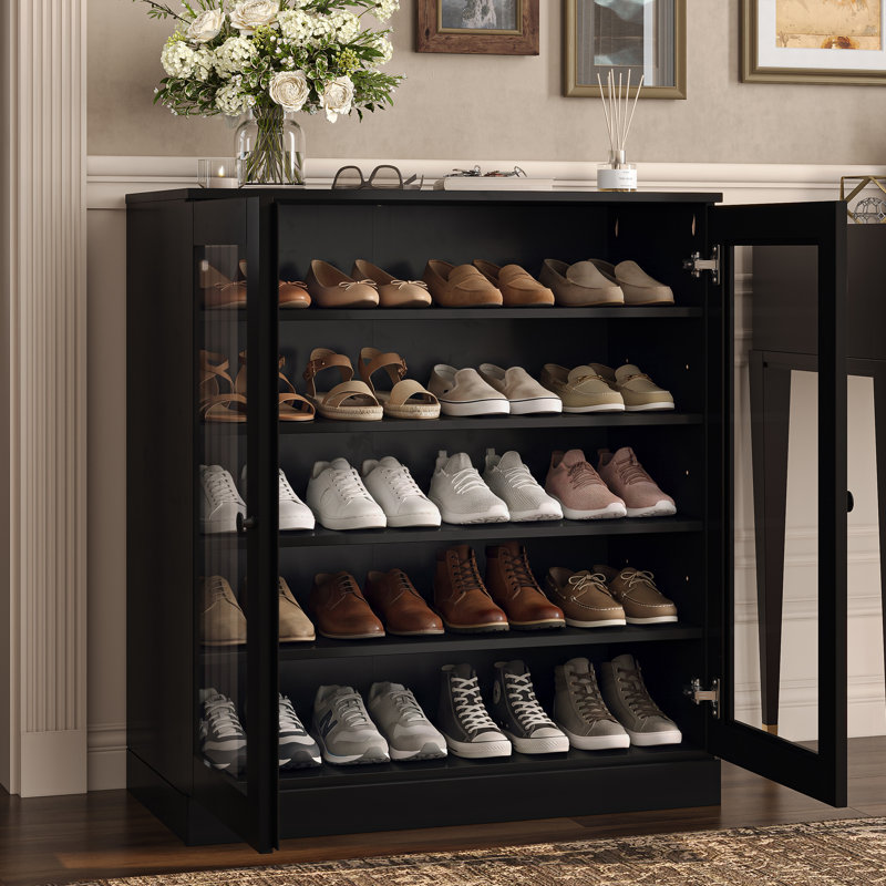 Armoire de rangement pour chaussures 100% en bois massif avec portes réglables et rangement pour chaussures empilable, l 32 po x H 35,75 po