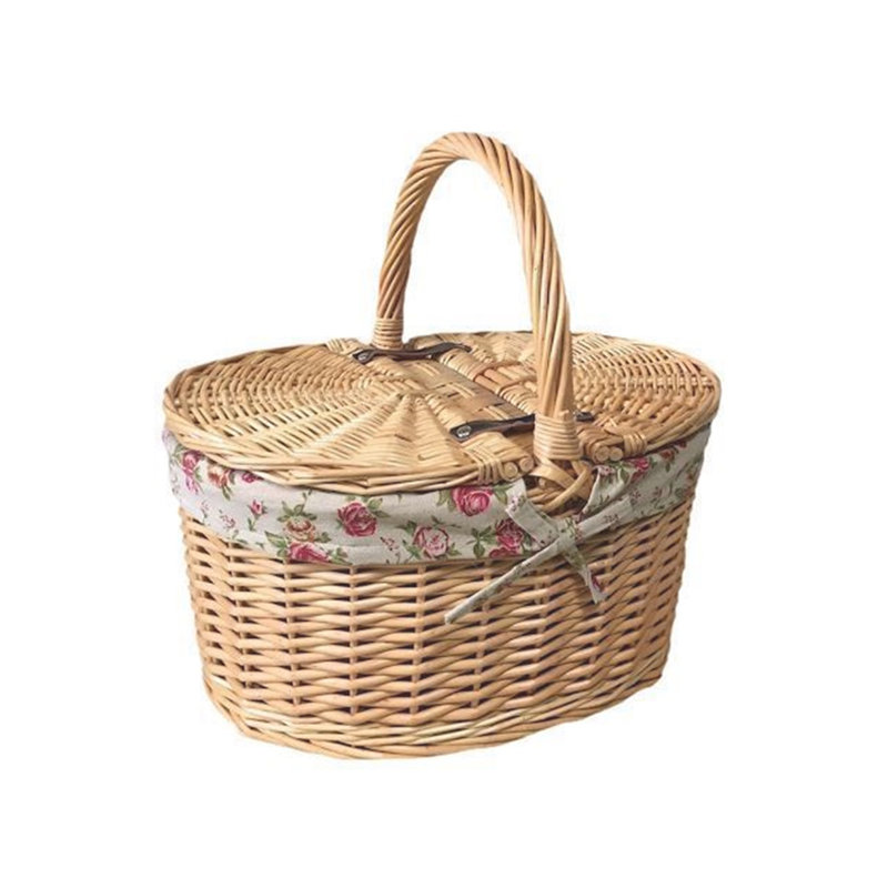 Buff Double Lidded Oval Willow Picnic Basket with Garden Rose Lining