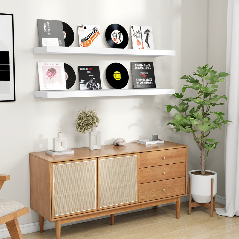Ensemble de 2 tablettes murales flottantes de 9,3 po de profondeur à fixation murale, Blanc, 1.5" H x 48" W x 9.3" D