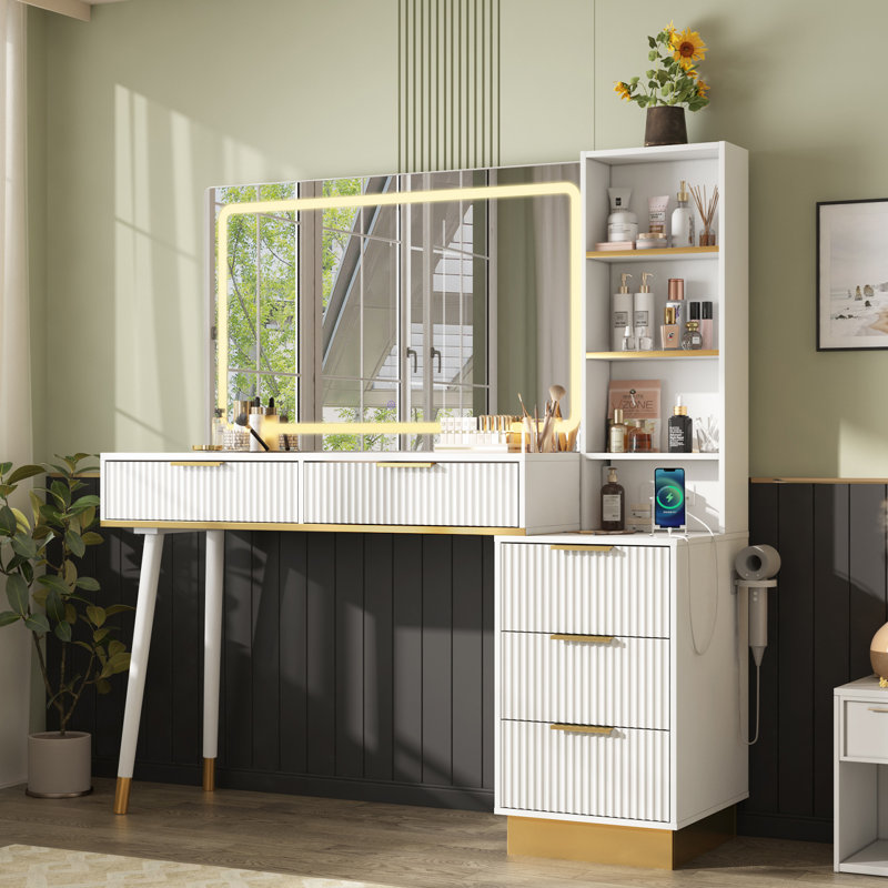 Mercer41 48" Vanity Desk with 35" Large Lighted Mirror, 5 Drawers & Shelves & Charging Station