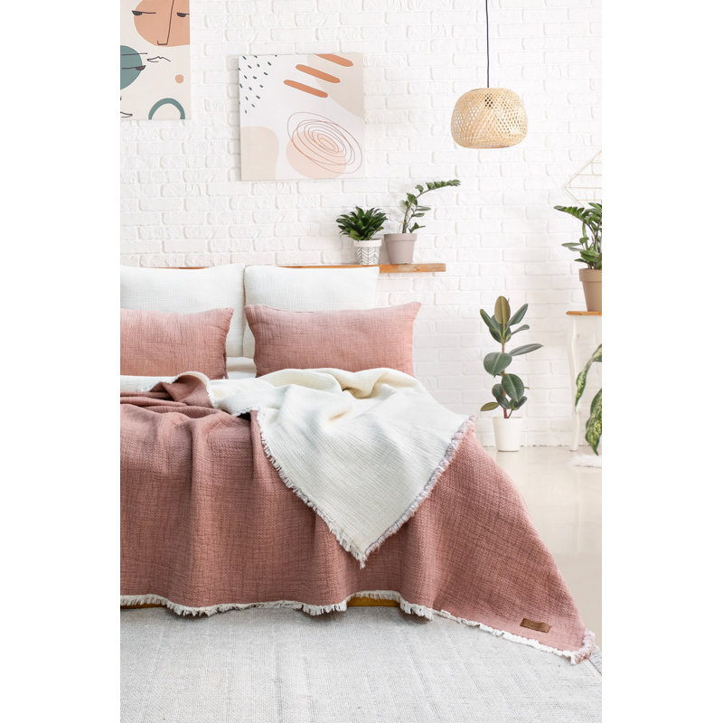 Ensemble de couvre-lit double élégant, rose cendré | 70% coton et 30% polyester, mousseline jacquard, comprend 2 taies d'oreiller (19,7 po x 27,6 po) | Lavable à la machine, doux et luxueux pour les chambres confortables
