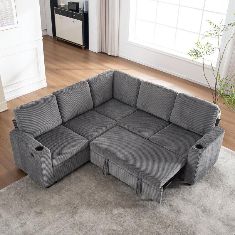 84" Modern Reversible Sectional Sleeper Sofa With Pull-Out Bed, Storage Chaise, USB Ports & Cup Holders, Gray