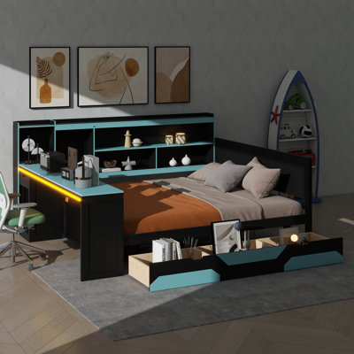 Lit de jour moderne axé sur le jeu avec bureau intégré et éclairage, cadre de lit en bois composé de 3 pièces, tête de lit avec bibliothèque intégrée