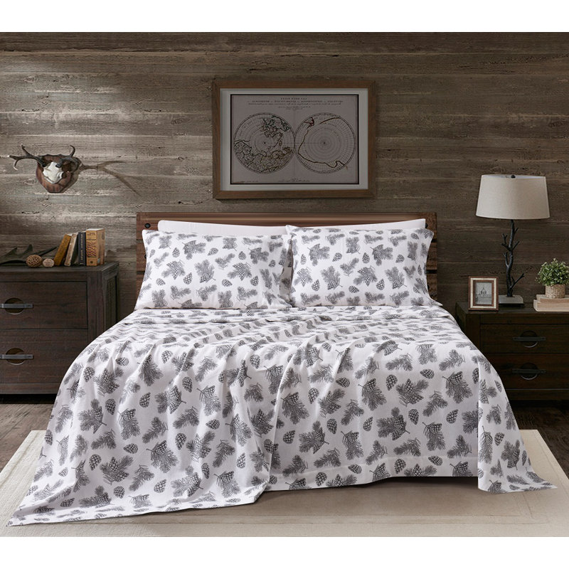 Ensemble de draps en flanelle avec pommes de pin imprimées, Ensemble de draps pour grand lit avec 2 taies d'or