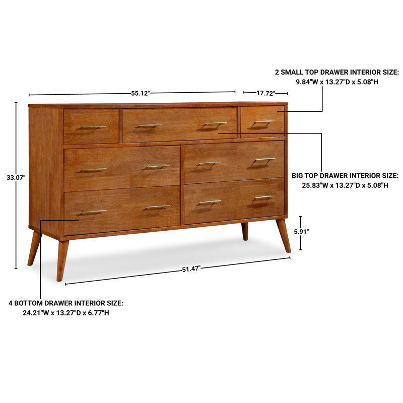Imre 55.1" W Mid-Century Modern Solid Wood 7-Drawer Double Dresser