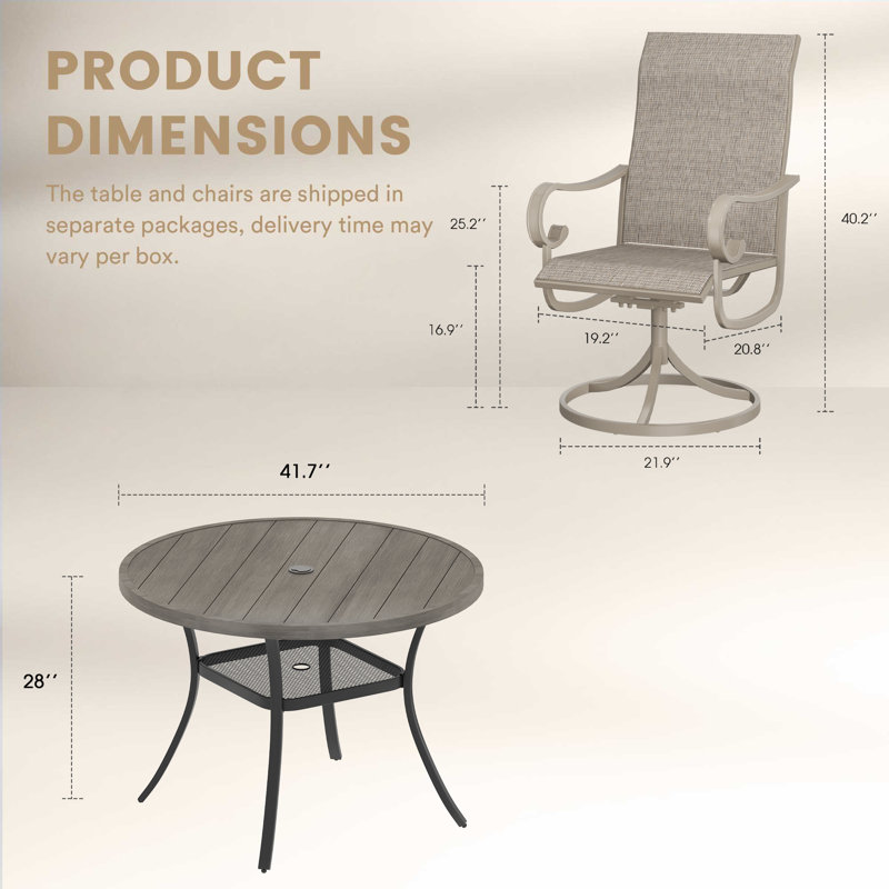 Ensemble repas d'extérieur pour 4 personnes avec fauteuil pivotant 4 personnes, Crème / gris aspect bois