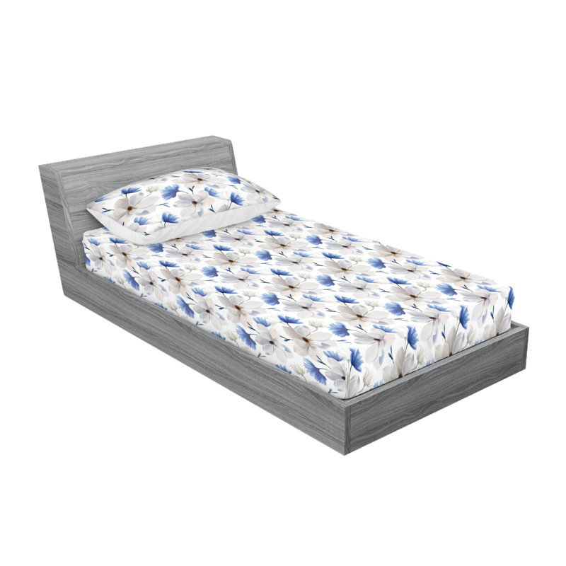 Ambesonne Fitted Sheet & Shams, Cell Blue/Coconut/White Flower, Twin XL Sheet Set with 1 Pillowcase