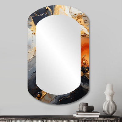 Or et blanc géode lava II - grand miroir mural asymétrique en pierre géodée, miroir unique de forme unique traditionnelle, impression d'art en métal