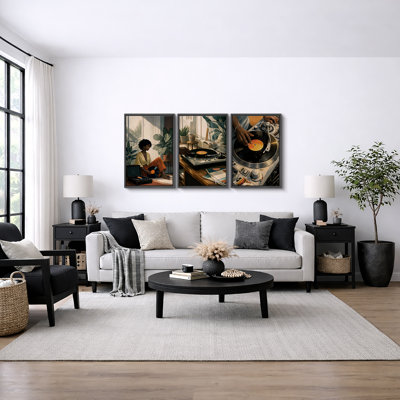 Cozy Vinyl Record Lifestyle Artwork, Retro Music Turntable Home Interior Pictures, Framed Canvas Giclee Print 3 Pieces Wall Art