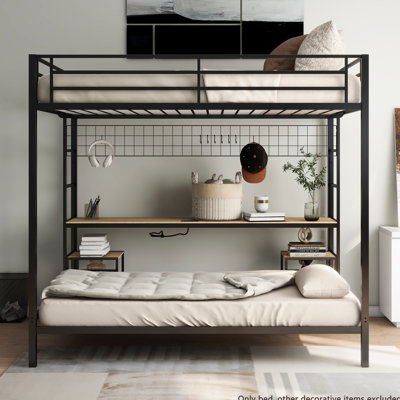Lit superposé en métal avec tablettes de rangement, station de charge et design pour les adolescents, aucun espace requis pour le sommier tapissier - bureau d'économie, ports, chambres d'invités en treillis métallique