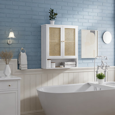 Armoire de rangement en bambou au-dessus de la toilette avec portes en rotin et tablette réglable - Organisateur mural peu encombrant pour la salle de bain, la cuisine ou le salon