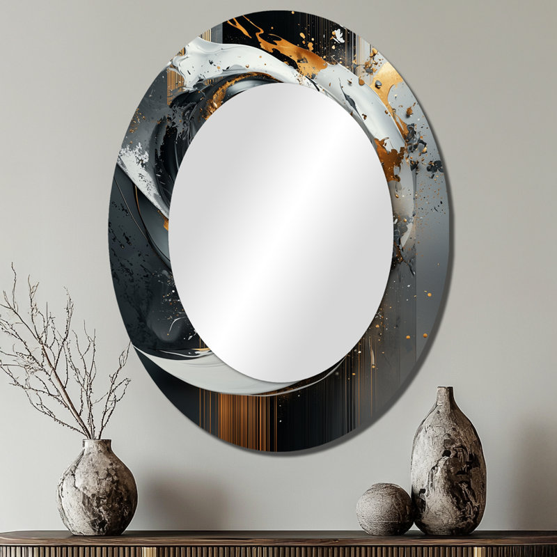 Noir et or abstrait formes et lignes IV - miroir mural ovale moderne doré, 40 po x 30 po