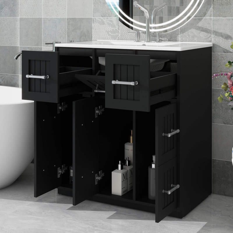 Meuble-lavabo de 30 po, lavabo sous comptoir, surface peinte et portes à fermeture en douceur avec armoire à tiroirs basculante