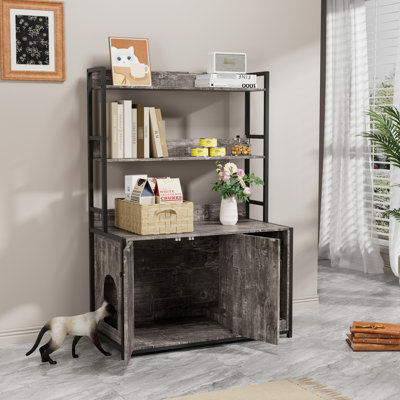 Armoire d'intérieur pour chat avec étagère de rangement, portes doubles et patin à gratter, grand bac à litière pratique gris caché