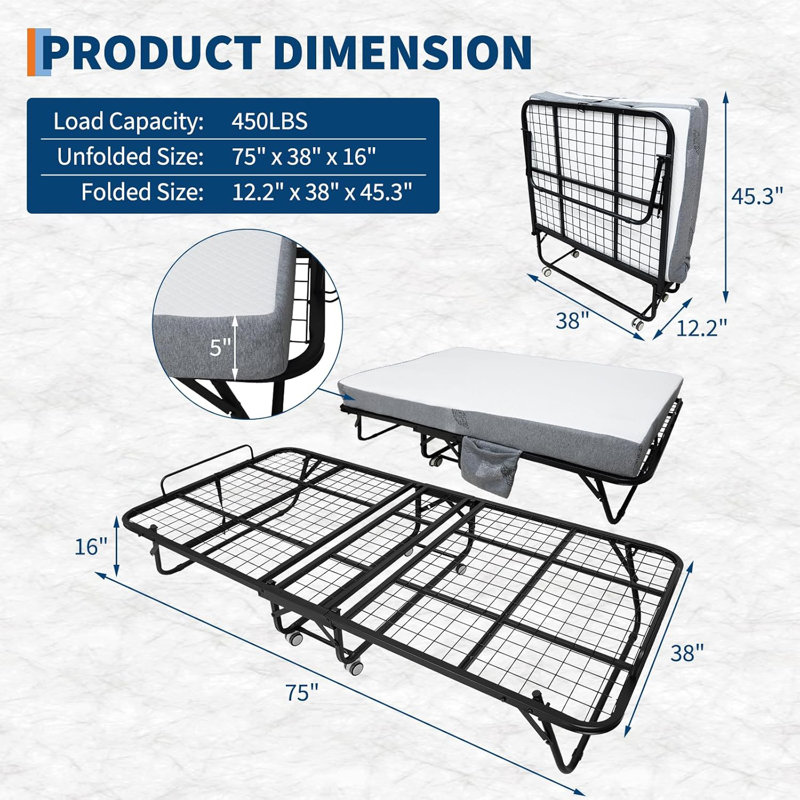Lit pliant avec matelas, lit pliable portatif avec matelas en mousse à mémoire de forme de 5 po et structure en métal pour adultes, invité sur roulettes, peu encombrant