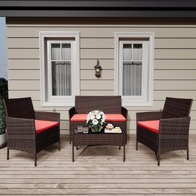 4 Pieces Patio Furniture Set, Rattan Outdoor Furniture with Upholstered Sofa, 2 Chairs and Coffee Table, Conversation Bistro Set for Garden, Backyard, Porch