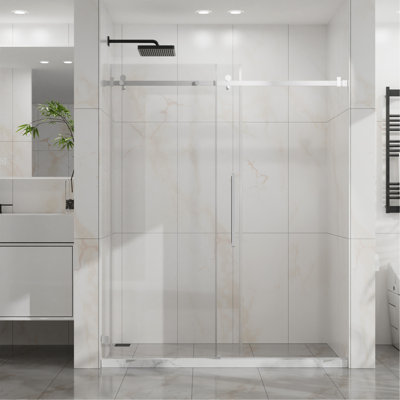 Frameless Shower Door, 60"W x 72"H Silent Sleek Sliding Glass Door, 1/4" (6mm) Thick Tempered Clear Glass, Heavy-Duty 304 Stainless Steel, Chrome