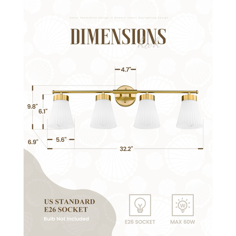 Luminaire de salle de bain rétro à intensité variable, verre rayé transparent, 4, H 9,80 po x l 32,20 po x P 6,90 po