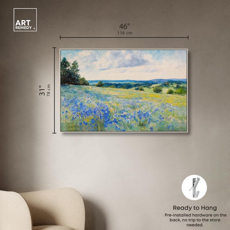 «Sky Over Blue Fields» par Art Remedy, Encadrement argenté, H 31 po x l 46 po