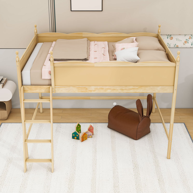 Lit mezzanine double en bois avec échelle et garde-corps, Lit double, Naturel