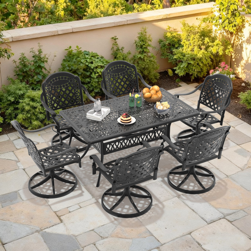 Ensemble repas d'extérieur 7 pièces rectangulaire en fonte d'aluminium avec chaises pivotantes, coussins et trou pour parasol