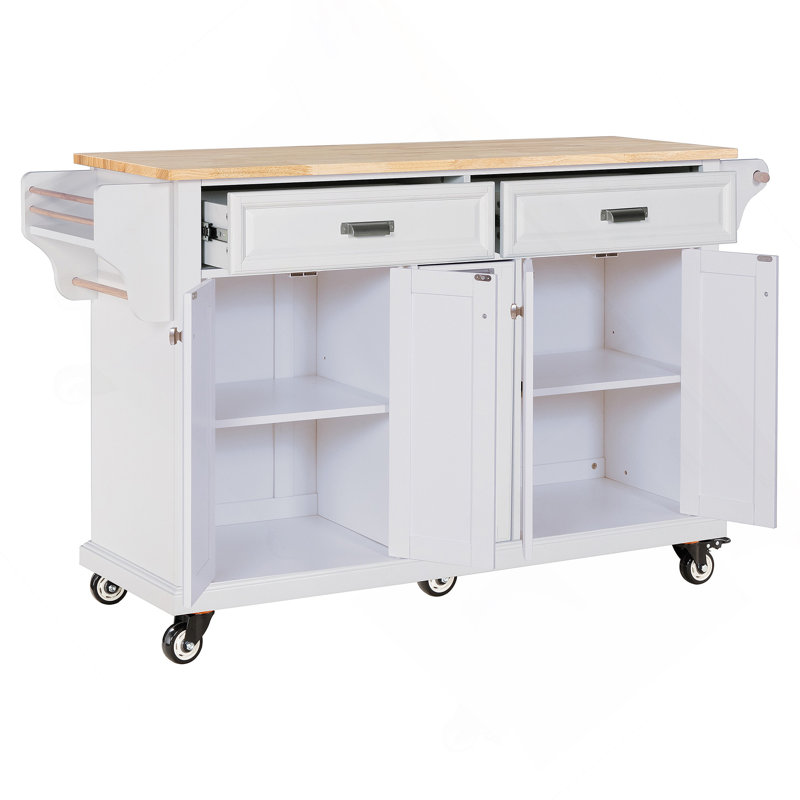 Kitchen Island With Rubber Wood Countertop, Kitchen Cart On 5 Wheels With Storage Cabinet, White