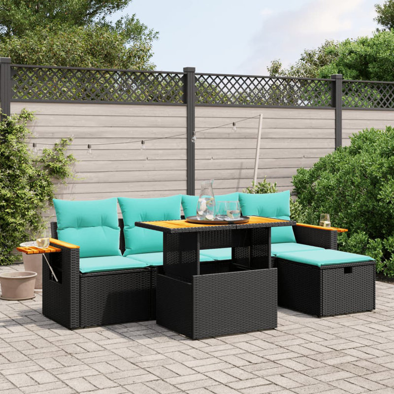  Ensemble de canapé de patio 6 pièces avec coussins en rotin de polyester, Vert, Noir