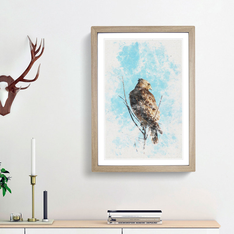 Hawk Perched In A Tree Watercolour - Picture Frame Graphic Art, 33cm H x 24cm W x 2cm D, Oak Framed