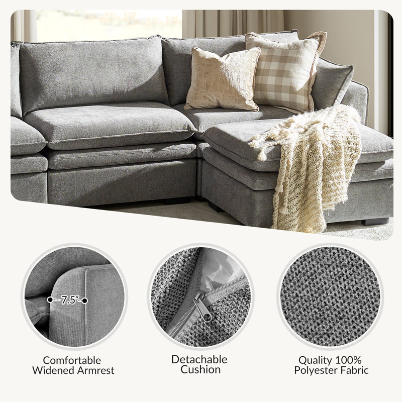 Canapé modulaire surdimensionné 4 pièces à double coussin de 121 po Wolff, Gris