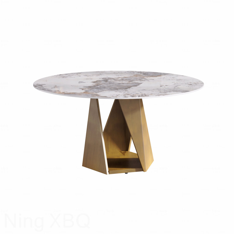 Table de salle à manger 59,05 po ronde, marbre artificiel, bronze, fer, base en métal, 6 à 8 personnes, Blanc, Bronze