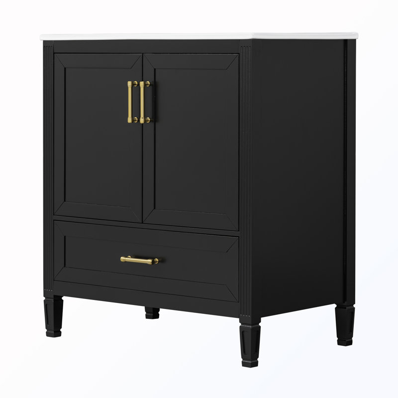 Meuble-lavabo cannelé avec lavabo et portes à fermeture douce, Noir