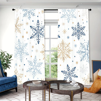 2Pcs Snowflake Pattern Light Filtering Curtains, Simple Winter Printed Window Drapes, Rod‑pocket Style, Suitable for Bedroom, Dining Room, Guest Room, Study Room, Aesthetic Home Decoration
