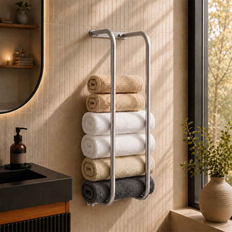 Élégant porte-serviettes rond en or brossé avec crochets doubles, Brushed Nickel