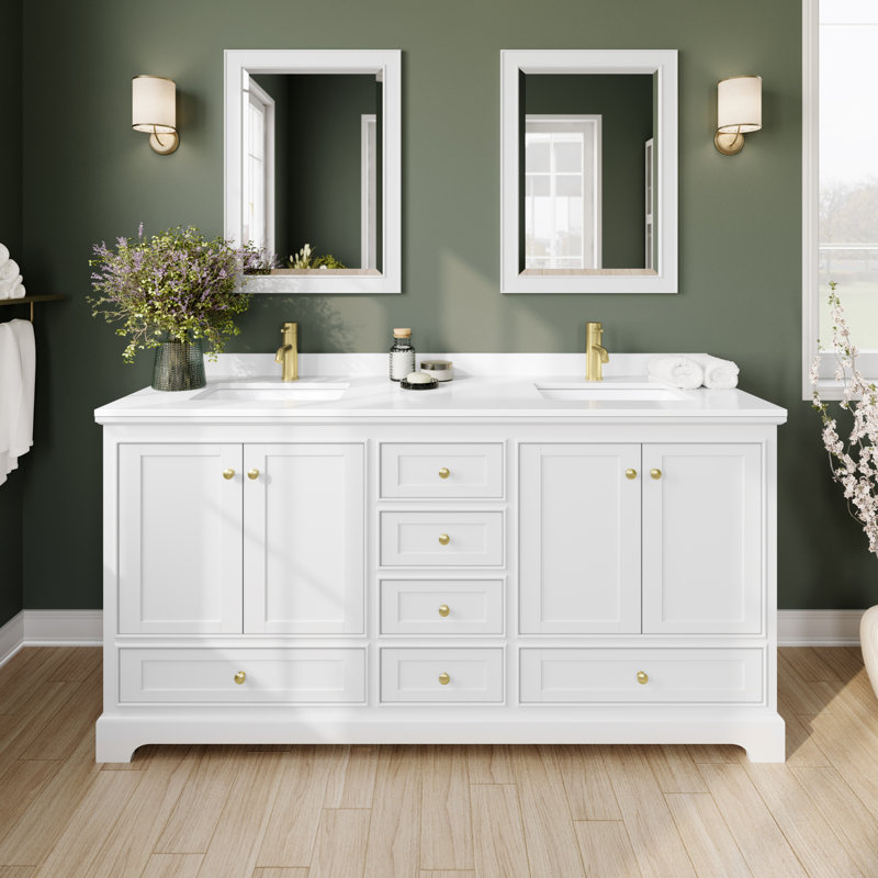 Ensemble de meuble-lavabo double 72 po Deborah, Marbre de culture blanc, Blanc, Doré