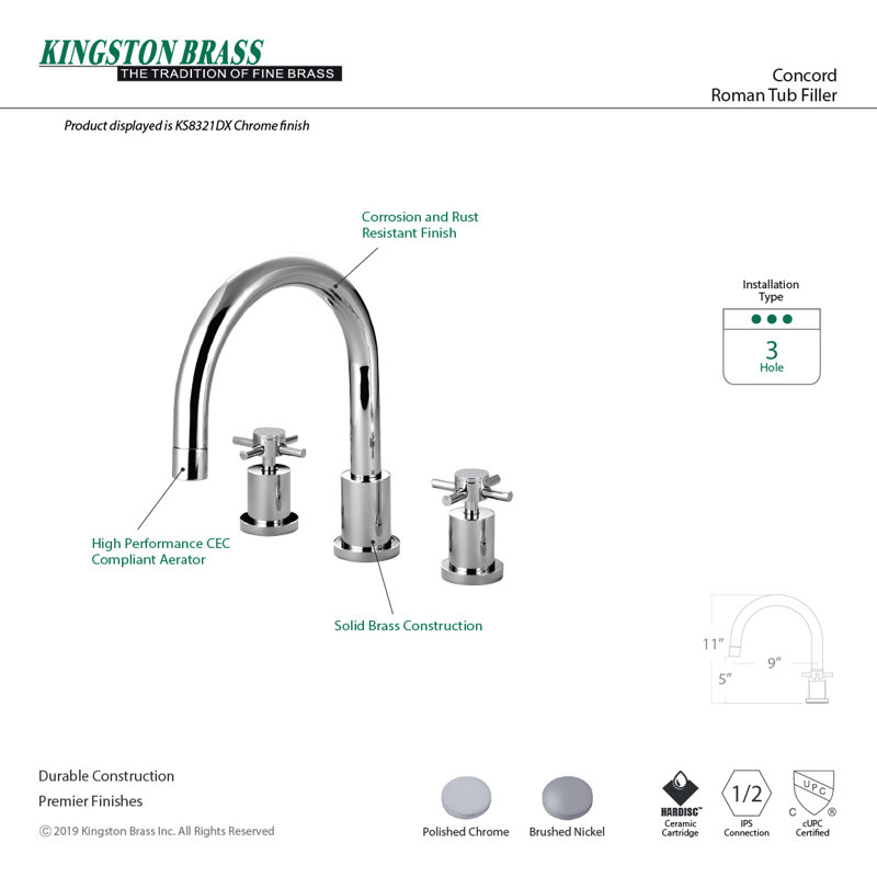 Kingston Brass Concord Two-Handle 3-Hole Deck Mount Roman Tub Faucet, Brushed Nickel, Cross Handle