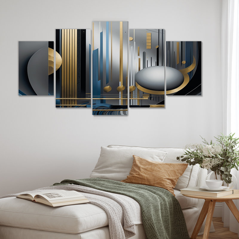 Ensemble de 5 décorations murales géométriques bleues et argentées Minimal Tech, H 32 po x l 60 po