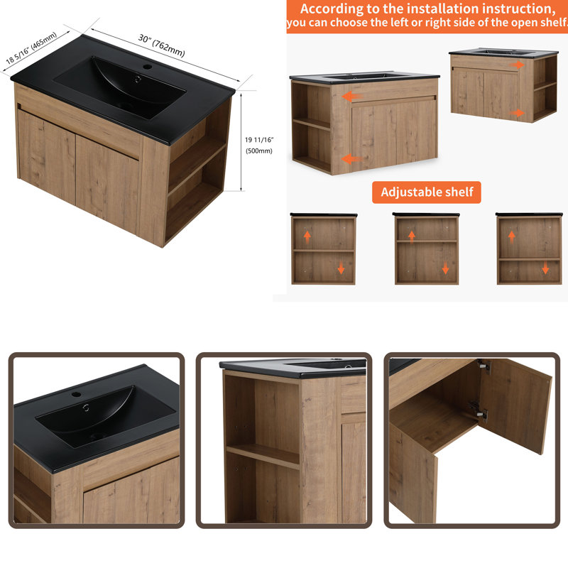 Meuble-lavabo simple 30 po avec comptoir en céramique Abhi, Noir
