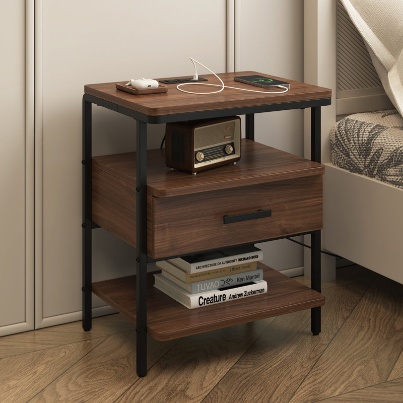 Two Nightstand With Storage, Built-in Outlets, and Drawer for Bedroom and Living Room and Built-in Outlets, Brown