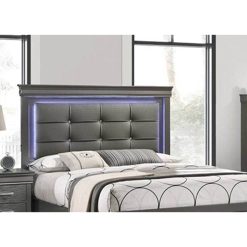 Mobilier de chambre à coucher à finition grise et grand lit 1 pièce à boutons carrés capitonnés à finition grise