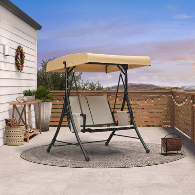  Porch Swing with Adjustable Tilt Canopy 2-Seat Patio Swing with Stand and Meatl Steel Frame All-Weather Outdoor Swing Chair Seat Space-Saving for Backyard Garden Deck (silver-gray)