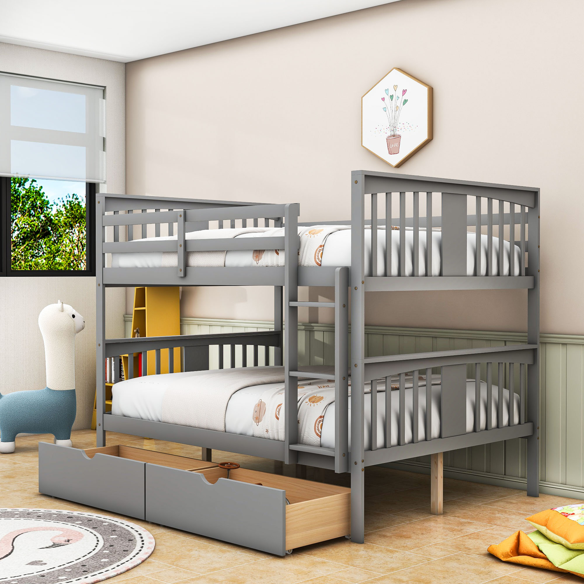 Harriet Bee Full Over Full Wooden Bunk Bed With Storage Drawers ...